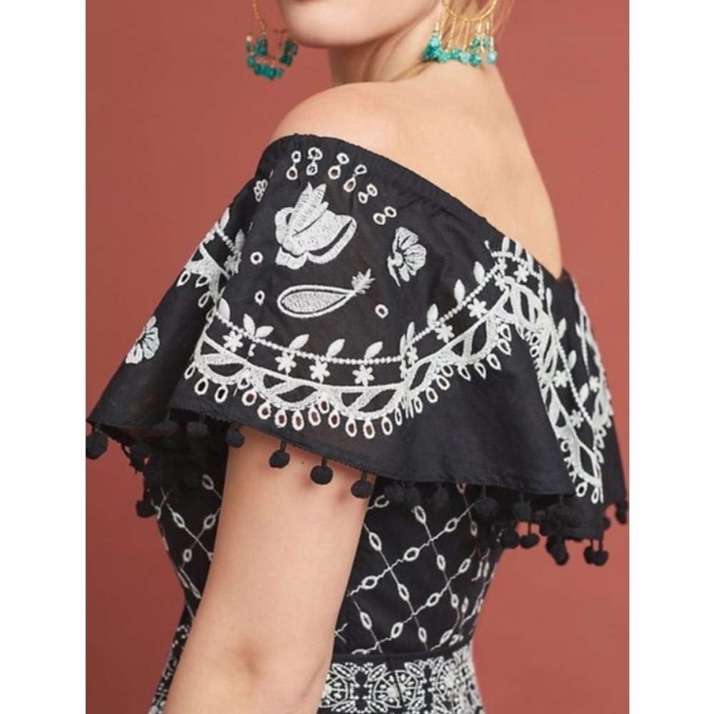 Anthropologie Black and White Marisol Off The Shoulder Embroidered Belted Dress - Picture 2 of 9